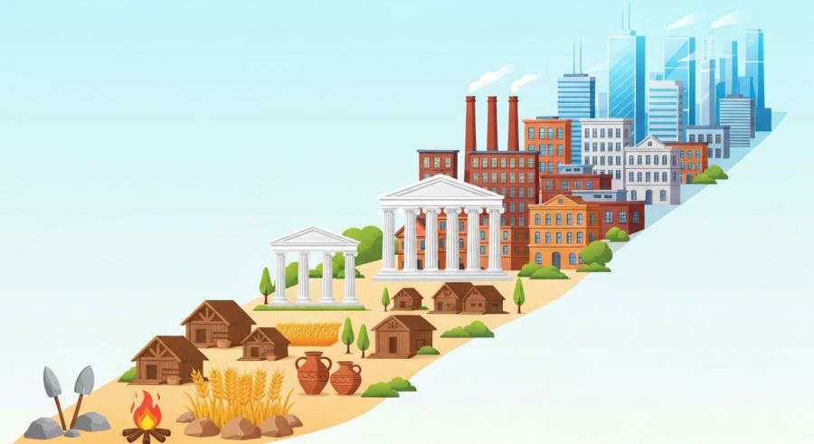 AI Generated Illustration for How Did Human Civilization Develop from Prehistoric Times to the Modern Era?